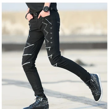 Idopy Moda Slim Fit Hlače Punk Stil Črna Mozaik Usnje Zadrge Dance Night Club Gothic Kul Jeans Hlače Za Moške