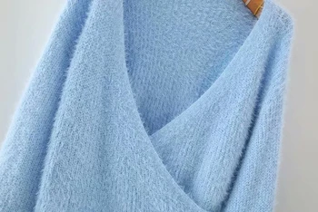 Novo Leto 2020 Modo Jeseni Sladko Modra Kosmat Pletene Jopice Ženske Sodijo Zaviti Vrhnja Oblačila Priložnostne Dolg Rokav Jopico Puloverji