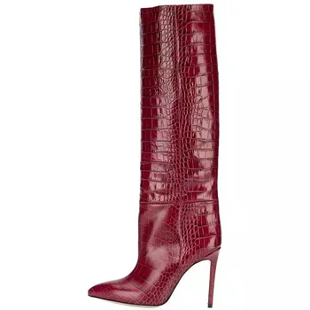 Blagovna znamka z visokimi petami zahodni čevlji modni kolena visoki škornji ženska mikrovlaken rdeče visoke pete dolgo čevlji konicami prstov jeseni, pozimi škornji