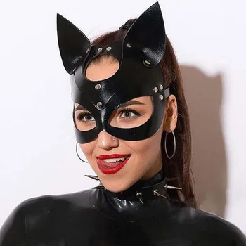 Fullyoung Usnje Masko Seksi Punk Cosplay Catwoman Maske Ženske Črno Usnje Odraslih Igra Halloween Carnival Party Kostum Maske