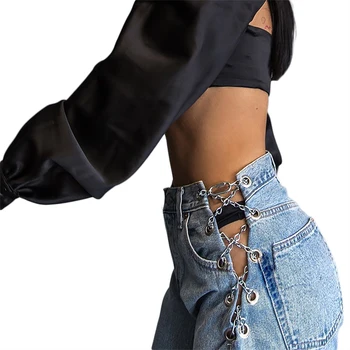 Navzkrižno Strani Verige Votlih Iz Ženske Naravnost Kavbojke Visoka Vitka Ulične Ulične Traper Hlače Seksi Ulični Stil Jeans