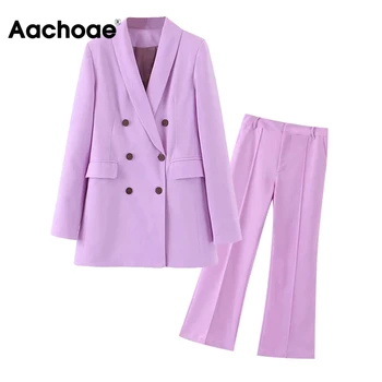 Aachoae Vijolična Barva Elegantne Ženske Obleke Z Dolgimi Rokavi Dvojno Zapenjanje Urad Blazer+Naguban Svoboden Širok Noge Dolge Hlače 2 Delni Set