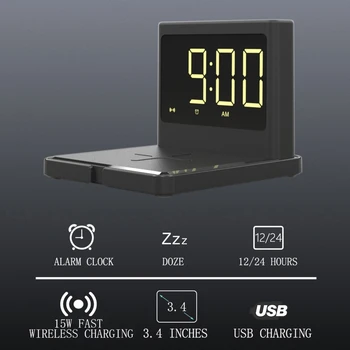 Brezžično Polnjenje LED Zaslon Budilka Z Sleep Timer 3-Stopnja Zatemnitve Pogosto Združljiv Z Brezžično Polnjenje za Pametne telefone