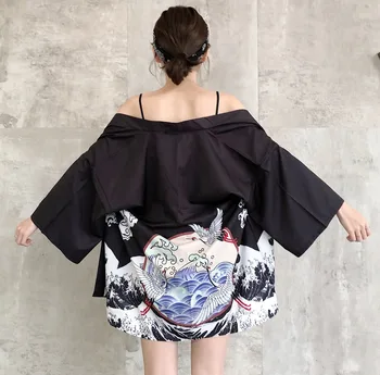 Kimono Jopico Priložnostne Pol Rokav Ohlapno Črno Elegantno Ženske Japonski Modni Kimono Žensk japonski slog Jakna