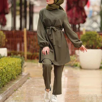 2020 Moda Vroči Dubaj muslimanskih določa Dolg rokav skromna oblačila sklop 2 kos ženske dolgo vrhovi za muslimanske dekleta Dobre kakovosti, M-XXL
