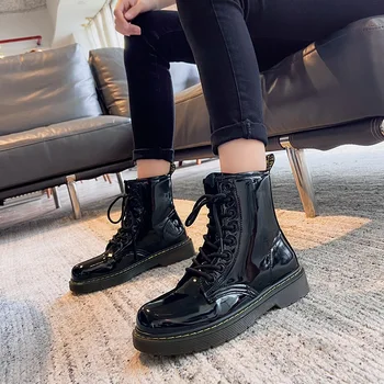 2020 Jeseni Ženske Chelsea Lakasto Usnje Škornji Škornji za Ženske Priložnostne Motocikel Čevlji Zimski Nekaj Čevlji Zapatos Mujer