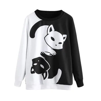 Telotuny majica risanka črno bel Twin Cat majica za ženske z Dolgimi Rokavi plus velikost jopice moleton feminino AG 07