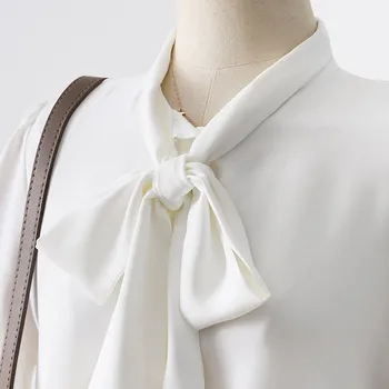 2019 novih modnih ženskih oblačil Jesen beli lok šifon majica luč rokav žensk bluze