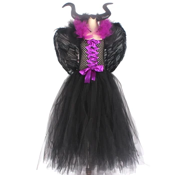 Otroci Oblačila Maleficent mačehe Dekleta Tutu Obleko z Rogovi Krila Halloween Cosplay Čarovnice Kostum za Otroke Stranka Obleko