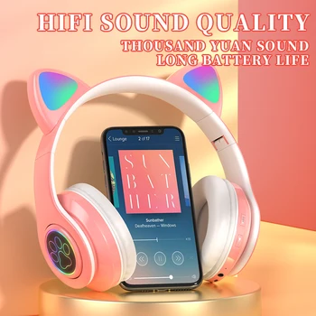 Srčkan Otroci Slušalke Brezžične Slušalke LED Luči Mačje Uho Mačka Tačka Dekleta Darilo Bluetooth Slušalke HIFI Stereo Bas Z Microhpone