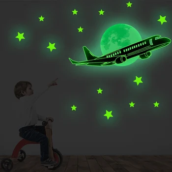 Tofok Svetlobna Letalo Zvezde Fluorescentna Stenske Nalepke Za Spalnico Žareti V Temno Risanka DIY Ozadje Plakat Doma Dekoracijo