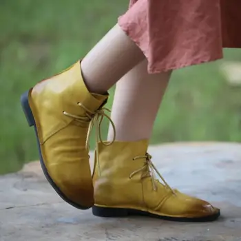 GKTINOO Zimski Škornji Ženske Čevlje Pravega Usnja 2020 Novo Čipke-up Ravno S Krog Toe Ročno Jedrnato Gleženj Platforma Čevlji
