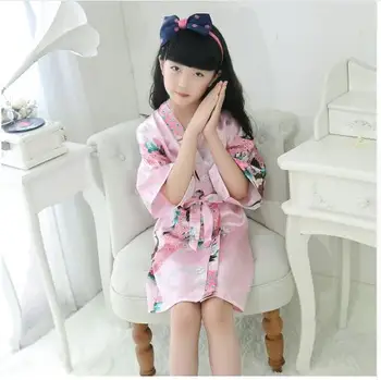 Otroci Haljo Saten Otrok poletje Kimono Kopalne Obleke Družico Cvet Dekle Obleko iz Svile otroški kopalni plašč Nightgown Pav robe