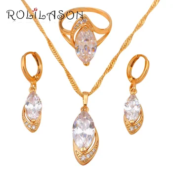 ROLILASON Luxury gold ton AAA cirkonij Kristalno Cirkon Nakit Sklopov Uhane, Ogrlico, Prstan ženske velikosti #6.75 #7.5 JS195