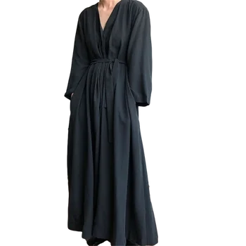 LANMREM 2020 velikosti zapestje rokav obleka sashes proti-vrat fit in flare kolena-dolžina obleka ohlapno dolgo teksturo obleka s pasom A114