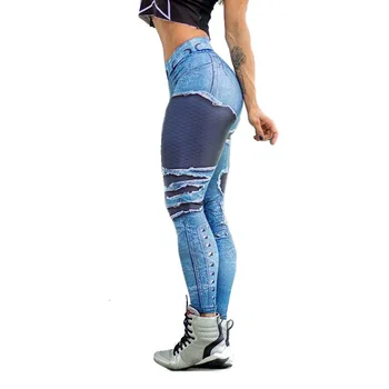 Ženske Jeans Modra Tiskanja Dokolenke Športne Vadbe Leggins 3D Vadbo Fitnes Elastične Hlače