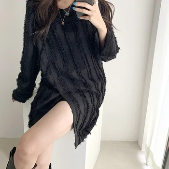 Tassel Dolg Rokav Mini Obleka O-Vratu Naravnost Letnik Elegantne Obleke Črne Urad Korejski Jeseni Leta 2020 Moda Feminina Vestiti Donna