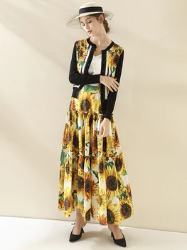 Prilagodite Narejen Ženske Poletje Moda Priložnostne Plus Velikost 3XL-10XL Visoko Pasu Cvetlični Sončnično Print Maxi Dolgo Črto Krilo