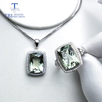 TBJ,Velika blazina 12ct naravno zeleno ametist quartz gemstone nakit komplet obesek, prstan 925 sterling srebro klasično darilo za ženske