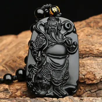 Naravni Obsidian Ročno izrezljane Guan Gong Guan Yu Srečo, Amulet Ogrlico, Obesek