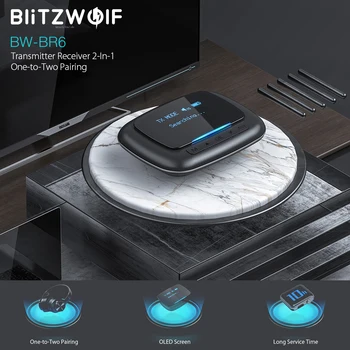 BlitzWolf BW-BR6 2 V 1 OLED Zaslon bluetooth V5.0 Avdio Oddajnik Sprejemnik 3.5 mm Aux 2RCA Brezžična Zvočna kartica Sound