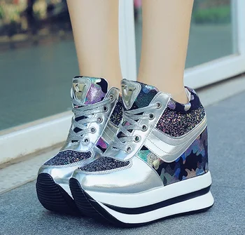 2020ladies čevlji zavezat Dihanje Očesa Čevlji Muffin z Debelo Dna Povečala Čevlji z Visoko Peto 11 cm Priložnostne platformo superge
