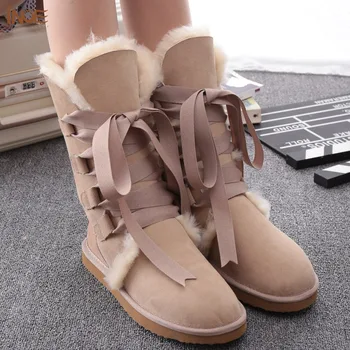 Nova Moda čipke sneg škornji za womens bootlace pravi ovčje usnje narave, volne, krzna, zimski čevlji za lady Brezplačna Dostava