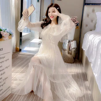 Elegantno Roza Bleščica Obleko Midi Očesa Ženske Dolg Rokav Pravljice Obleko 2021 Pomlad Korejski Svate Oblačila Ženske Y2k Obleko Nova