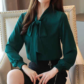 Blusas Mujer De Moda 2020 Lok Šifon Bluzo Trdna Svetilka Plus Velikost Vrhovi Offfice Dolg Rokav Korejski Dame Majice Zelena 0392