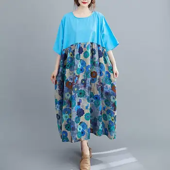 Plus Velikost Poletje cvjetnim Tiskanja obleko Bombaža Dolgo ženske Obleke za ženske, 4XL 5XL 6XL Haljo Femme Svoboden Boho Plaži Priložnostne Obleko