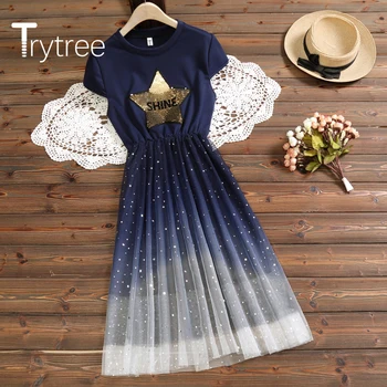 Trytree 2020 Poletje Ženske obleke, Casual O-vratu Star Mozaik Očesa Gradient 2 Barva Moda Elegantno A-line Urad Dama Obleko