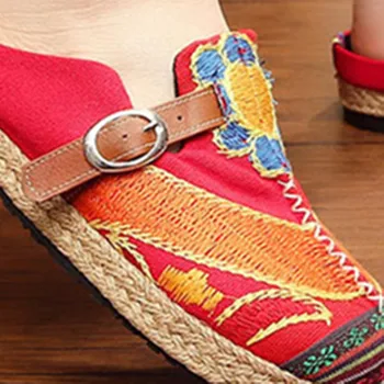 Ženske Platneni Čevlji Copate Sonce Cvet Nacionalni Slog Konoplje Krog Toe Flip Flop Ravno Platformo Moda Ustvarjalne Udobno Loafer