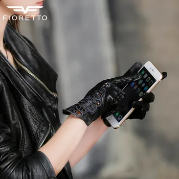 Fioretto Oddaljena Ženske Usnjene Rokavice Touchscreen Za Vožnjo Črna Moda Seksi Stranka Dame Rokavice
