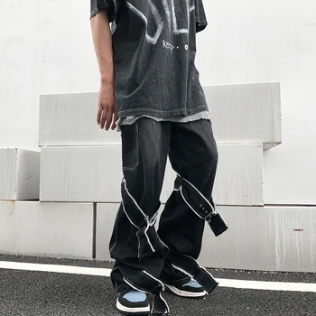 UNCLEDONJM 2020AW Mens street nositi Jeans Moške Temne Funkcionalne Veter Svoboden Naravnost Širok Noge Hlače Hip hop Črne Kavbojke T2-B120
