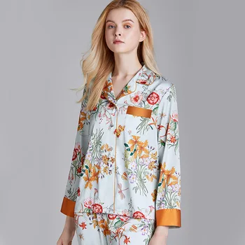 Samwestart novo pižamo ženske pomlad tanko svilo tiskanje dolgo sleeved doma oblačila, ki bo ustrezala pižame ženske Cvetlični Proti-Vrat pijamas