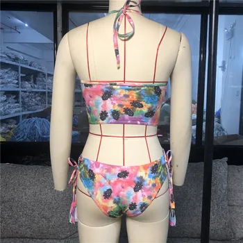 Ženske Bikini 2020 Dva Kosa Roza Cvetlični Tisk Bikini Komplet Poletnih Povoj Push Up Kopalke Lady Brazilski Visoko Pasu Kopalke Obleko
