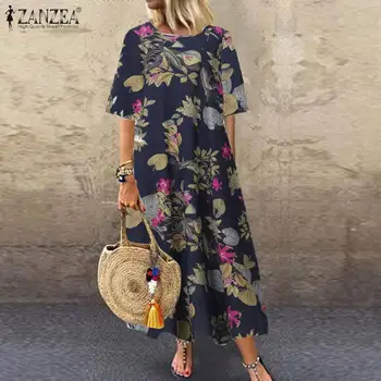 Vintage Natisnjeni Maxi Obleka Ženske Poletje Sundress 2021 ZANZEA Priložnostne Cvetlični Tunika Vestidos O Ženski Vratu Haljo Plus Velikost 5XL