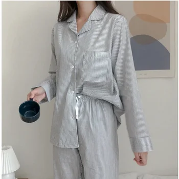 črtasto bombažno pižamo nastavite ženske sleepwear 2 kos set home oblačila bluzo in hlače pijamas žep river ovratnik doma black Y210