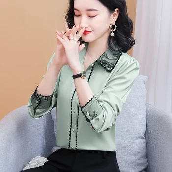 Korejski Svilene Srajce, Ženske Saten Bluze, Majica za Ženske z Dolgimi Rokavi Čipke Mozaik Bluzo Ženska Svilena Vezenina Bluzo Plus Velikost