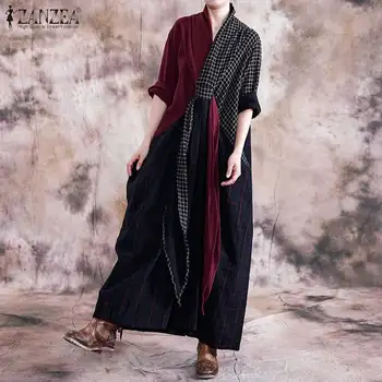 Plus Velikost Pomlad Jesen Sundress Ženske Priložnostne Long Sleeve Vintage Preverite Mozaik Stranka Dolgo Obleko Vestidos Ženska Tunika Haljo 7