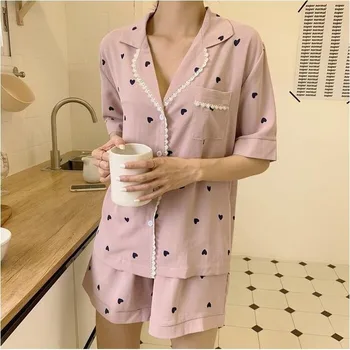 QWEEK Pižamo za Ženske Doma Oblačila Pijamas Ženske Srce, ki Tiskanja Spavaćica Salon Obrabe Seksi Sleepwear Dva Kosa iz Pižame Poletje