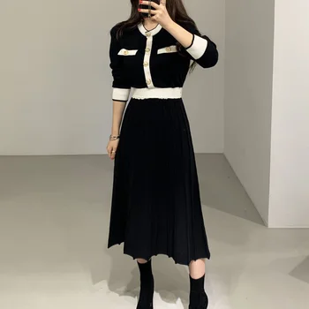 Enodelne Ženske Nabrano Obleko Korejski Dolg Rokav Pleteni Pulover Obleke 2020 Žensk Pomlad Jesen Ženske Pulover Knitt Obleko Lady