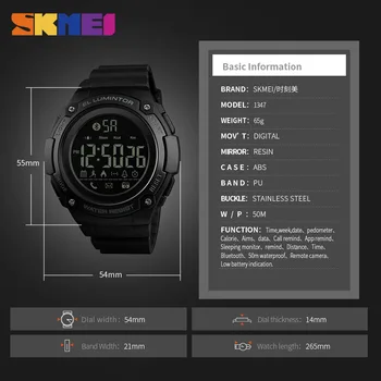 SKMEI 1347 Bluetooth Smart Digitalna ura Moški 50M Nepremočljiva Šport Gledam Spalna Monitor Osvetlitev ozadja Calorie Tracker Človek Ure