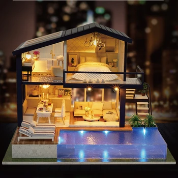 Lutka hiša lol Presenečenje Otrok izobraževalne igrače vgradnjo Pohištvo DIY Miniaturne Hiše LED Glasba Akcijska figura, Lesena Igra Ho