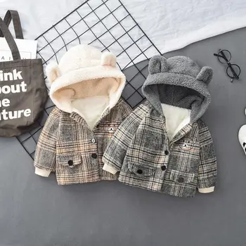 Dojenček Fant je zimski plašč 0-5 let plus žamet oblazinjeni suknjič jesen in zimo, oblazinjeni jakno otrok Kariran kapuco jakna
