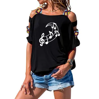 Nove Glasbe Opomba Luna Grafika, Tiskanje T Shirt Poletje Ženske tshirt Bombaž Seksi Votlih Iz Ramen Tee