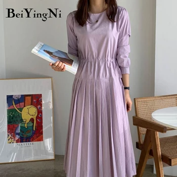 Beiyingni Dolgimi Rokavi Ženske noše 2020 Priložnostne Letnik Plus Velikost korejskem Slogu Elegantno Naguban Midi Obleko Čipke-up Modnih Oblačilih,