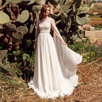 Preprost Plaži Boho Poročne Obleke z Cape Odpri Nazaj Čipke Poroko Šifon Obleke Line Poročne Halje vestido de novia 2021