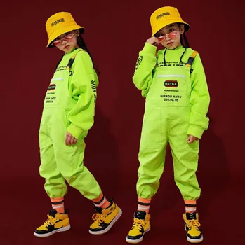 Fantje, Dekleta, Fluorescentno Zeleno kombinezon nastavite hip hop jumpsuit Kostum otroci otroške kostume za dekleta Fantje 6 8 10 12 14 16 Let
