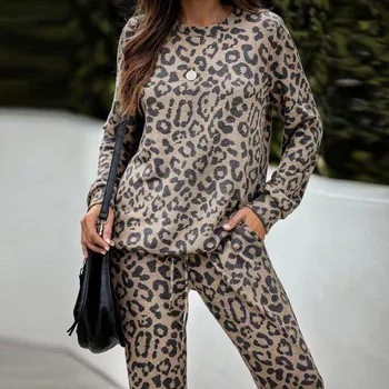 Leopard Natisniti 2 Kos Set Home Obleko Jeseni, Pozimi Long Sleeve Zgornji Del In Hlače, Hlače Salon Obrabe Priložnostne Obleko, Ženske Oblačila